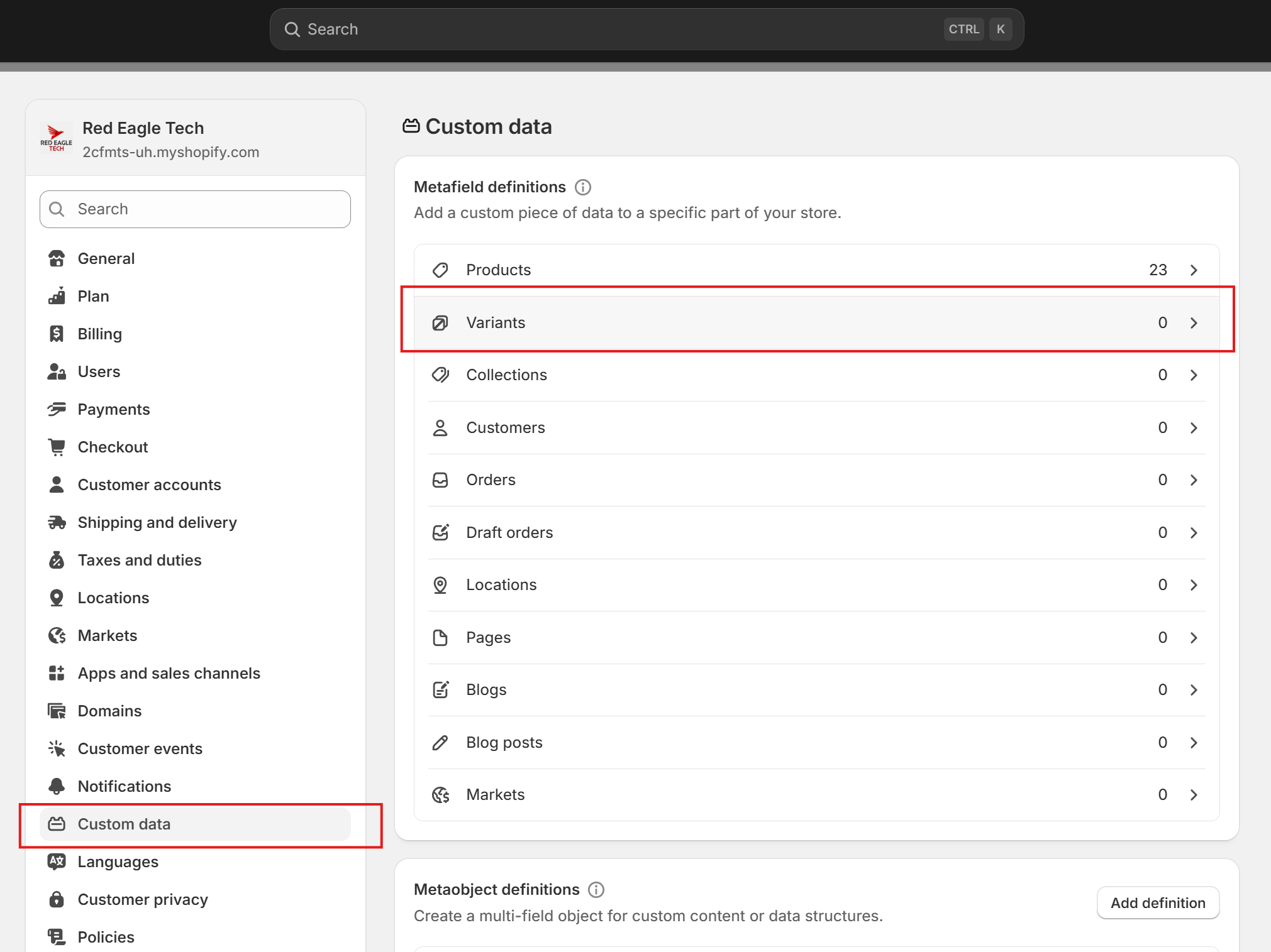Shopify Custom Data Settings