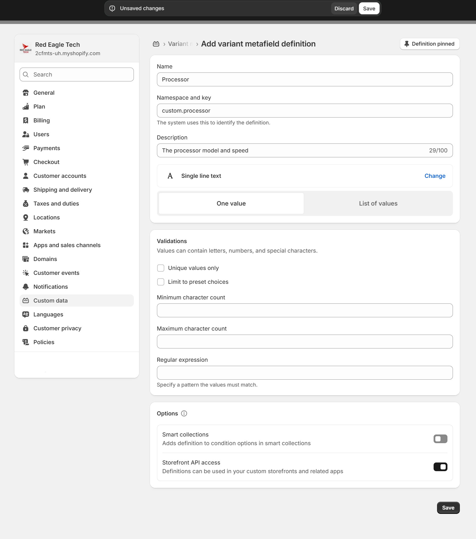 Save Variant Metafield Definition
